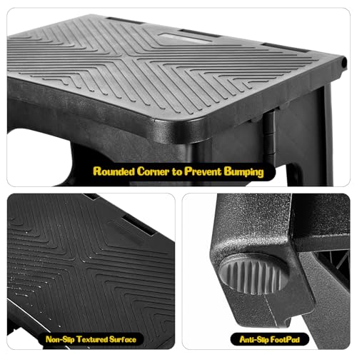 2 Step Stool Foldable for Adults—Plastic Folding Step Stool in Black (Ligebul)