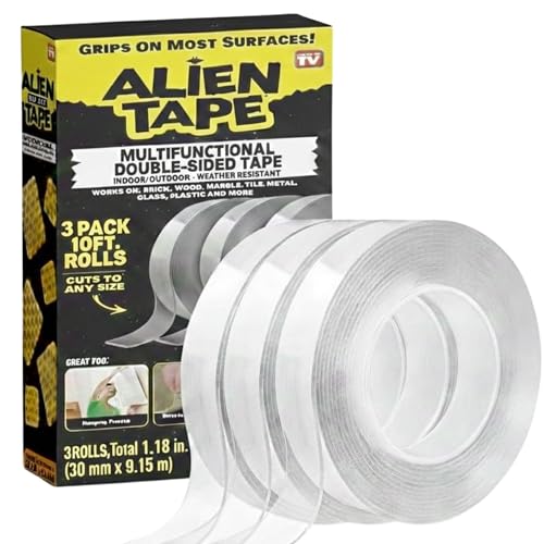 Alien Double Sided Nano Tape Heavy Duty 30 Feet (3 Rolls) - Clear Mounting Tape for Walls & Decor
