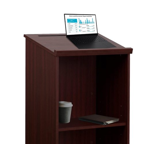 Adir Wooden Podium Stand - Speaking Podium with Storage Shelf, Hostess Stand for Restaurant, Lecture Podium, (46.25 Inches, Mahogany)