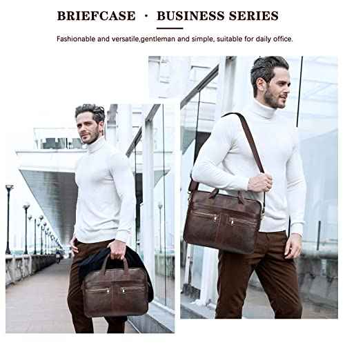 Genuine Leather Briefcase for Men, Laptop Computer Shoulder Bag With Strap, 15.6 Inch Business Travel Work Handbag