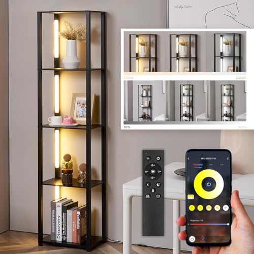 LED Floor Lamp with Shelves, Shelf Lamp with Remote for Bedroom and Living Room, Corner Display Floor Lamps with Storage, Modern Dimmable Floor Lamp with 5-Tier Open Shelve (Black)