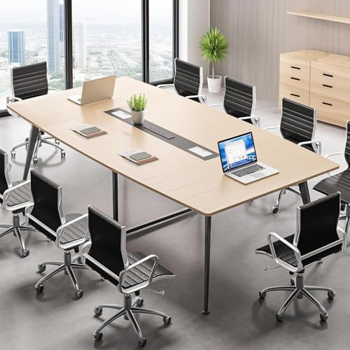 8FT YITAHOME Boat Shaped Conference Table with Power Outlets & USB, Light Wood