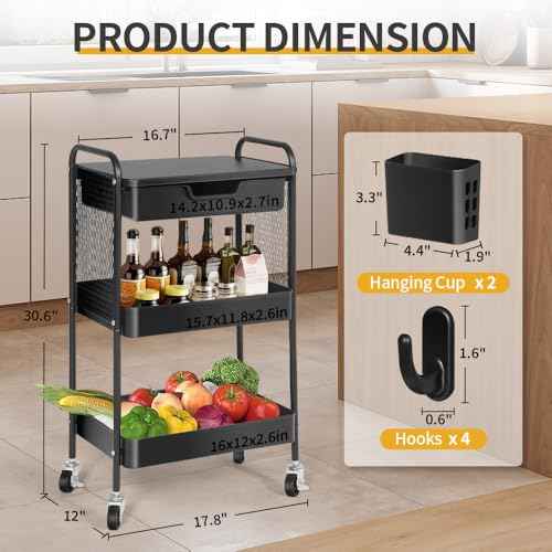 3-Tier Rolling Cart with Drawer, Metal Utility Storage Cart Organizer with Lockable Wheels&Hanging Cups&Hooks, Mobile Storage Craft Carts Trolley with Mesh Shelves for Kitchen, Office-Black