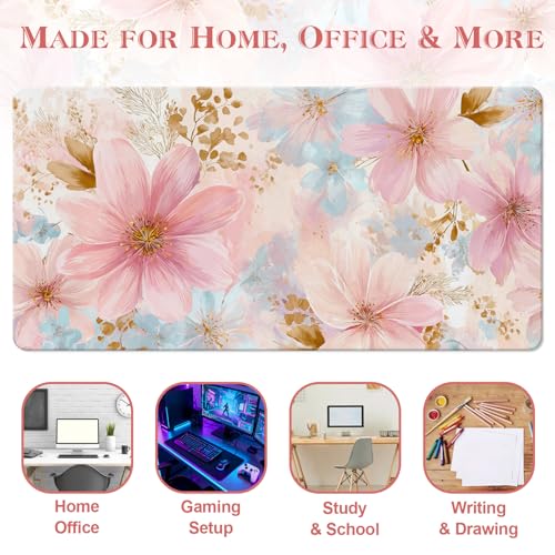 UGYAZX Pastel Pink Blue Floral Watercolor Desk Mat for Keyboard & Mouse 31.5x15.7 in - Waterproof Non-Slip Office & Gaming Pad