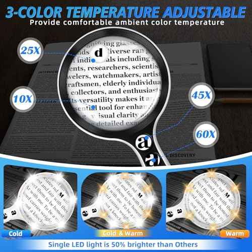 Large Magnifying Glass with Lights,10X 25X 45X 60X Handheld Lighted Magnifier, 5in Page Magnifier LED Lights, Magnifying Glass for Reading Small Prints & Low Vision Seniors with Aging Eyes
