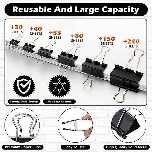 Yexiya 640 Pcs Binder Clips Paper Clamps Assorted Sizes Black, Metal Paper Binder Clips Combination Black Binding Paperwork Clamp Bulk 6 Sizes with Box School Teachers Office Supplies