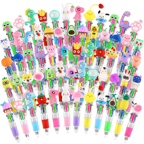 arscniek 100Pcs Multicolor Pen in One, 4-in-1 0.5mm Fine Point Cute Pens, Fun Kawaii Ballpoint Pen for Party Favors, Classroom Prizes, Teacher School Supplies, Bulk Gifts for Students