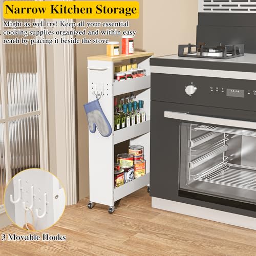 Utility Slim Storage Cart, 4-Tier Narrow Laundry Room Bathroom Organizers and Storage Cart, Metal Pantry Kitchen Organization Shelf with Wood Top, Slim Rolling Rack with Wheels for Small Space