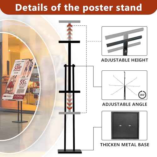 Heavy Duty Sign Stand, Floor Poster Board Stand, Adjustable Metal Sign Holder Height Up to 60 Inches and 180¡Æ Rotation Display Standing Pedestal for Board & Foam (Black-1PC)