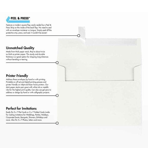 LUXPaper A7 Invitation Envelopes for 5 x 7 Cards in 80 lb. Natural White - 100% Cotton, Printable Envelopes for Invitations, w/Peel and Press Seal, 250 pack, Envelope Size 5 1/4 x 7 1/4 (White)