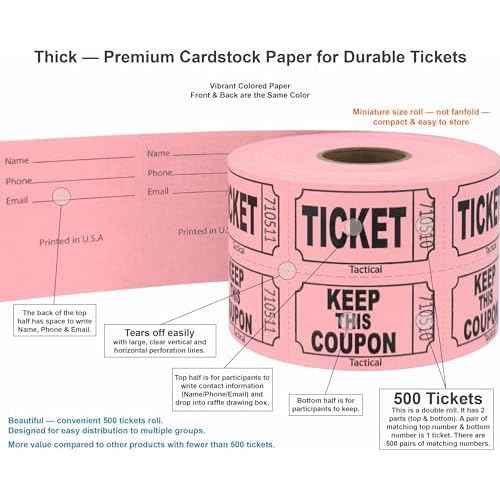 Tacticai 500 Raffle Tickets, Pink (1 of 8 Colors), Double Roll, Ticket for Events, Entry, Class Reward, Fundraiser & Prizes