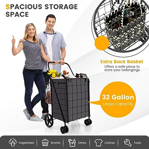 S AFSTAR Folding Shopping Cart with Wheels, 27 Gal Grocery Cart with Oxford Liner Bag & Double Basket, 330 LBS Weight Capacity, Portable Granny Cart Shopping Cart for Market Laundry (Black)
