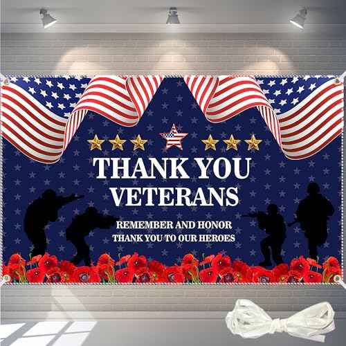 Veterans Day Decorations Backdrop 71x43 Inch ? Thank You Veterans Patriotic Banner for Memorial Day & Veterans Day, Large Indoor/Outdoor Photography Background with 19.69ft Ribbon & 4 Brass Grommets