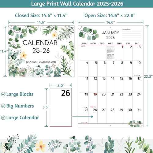 Wall Calendar 2025-2026 - Large Print Calendar, Jul 2025 - Dec 2026, 14.6 x 22.8 In (Open), 18 Monthly Calendar 2025-2026 with Big Numbers, Large Grid, Notes, Moon Phases, Great for Planning