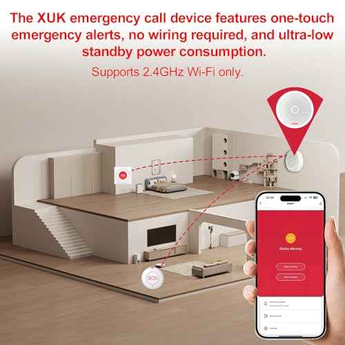 XUK WiFi SOS Caregiver Pager Call Button for Elderly, No Monthly Fee 2.4GHz Wi-Fi APP Control Wireless Nursing Call System with 1 SOS Watch Pagers & 1 Receiver Life Alert Systems for Seniors