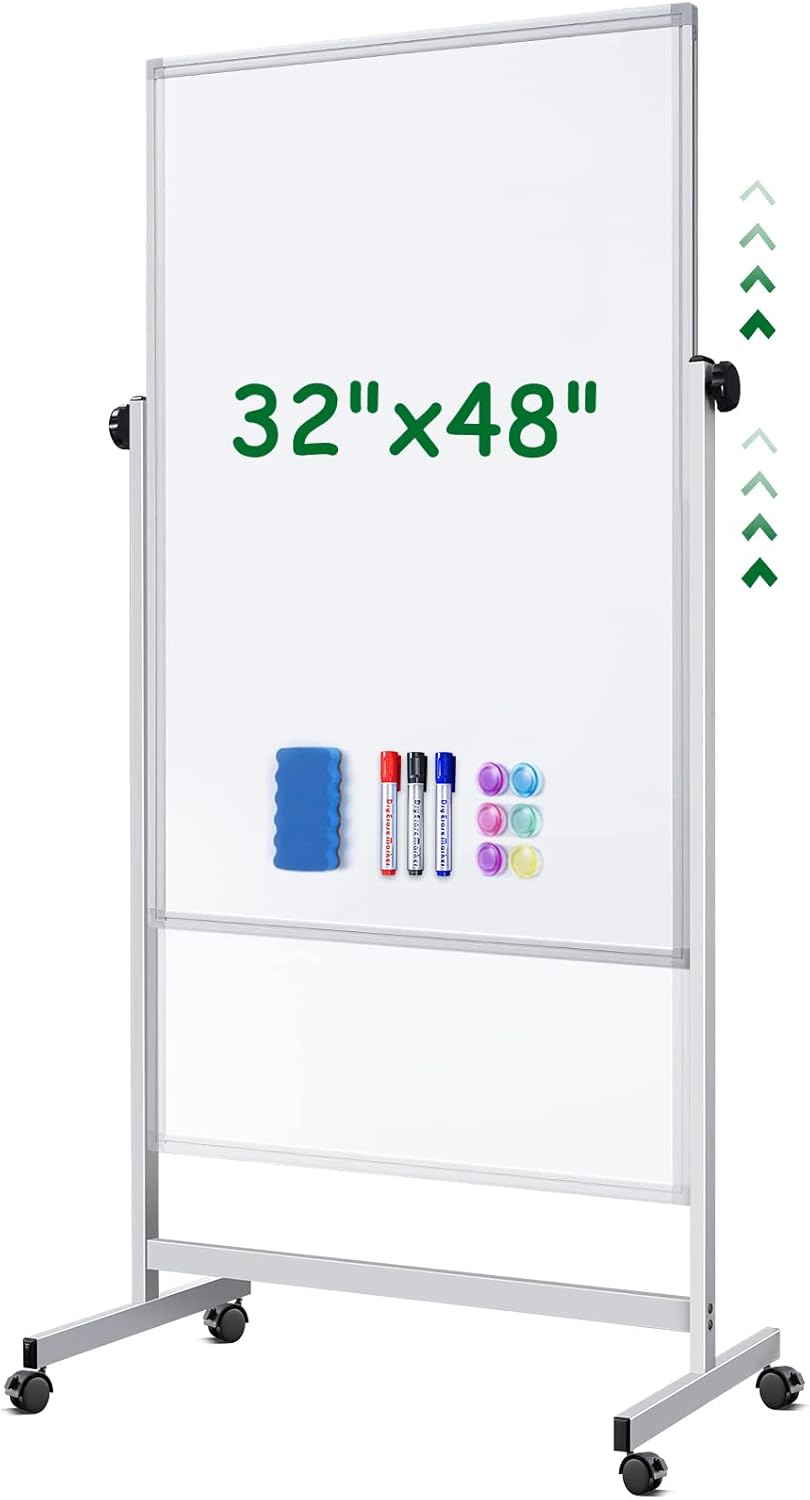 Skiennix Mobile Whiteboard - Double-Sided Magnetic Dry Erase Board on Wheels, 32x48 Inches