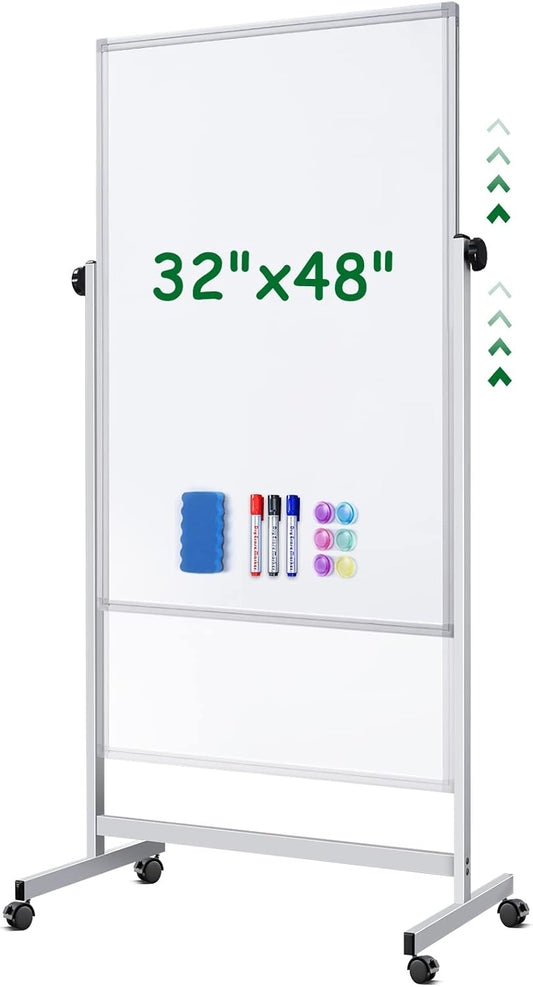 Skiennix Mobile Whiteboard - Double-Sided Magnetic Dry Erase Board on Wheels, 32x48 Inches
