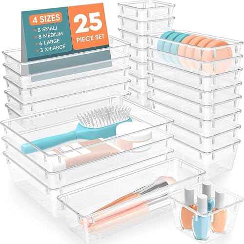 25 PCS Plastic Drawer Organizer Set, 4-Size Versatile Organizer Trays & storage Bins for Makeup, Jewelry, and Gadgets in Bathroom, Bedroom and Office,Clear White