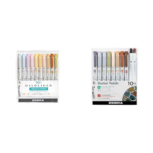 Zebra Pen Mildliner Double Ended Highlighter Set, Chisel and Bullet Point Tips & Neutral Palette Set, Includes 8 Mildliner Highlighters and 2 ClickArt Markers, Assorted