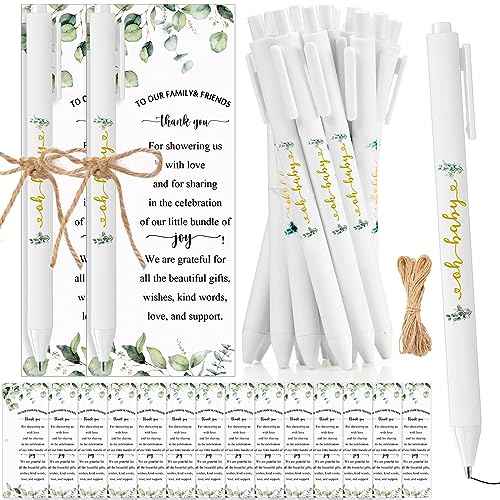 Tenceur 100 Set Baby Shower Pens Greenery Baby Shower Favor for Guest Sage Ballpoint Pens with Woodland Thank You Cards Gender Reveal Party Favor for Girl Boy Party Souvenirs Prizes