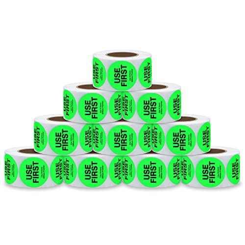 1.5 Inch USE First Stickers Food Service Inventory Control Labels Trilingual Product Labels Fluorescence Green - 500 Stickers Per Roll (10 Rolls)