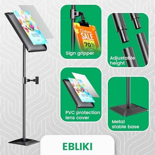 Adjustable Sign Stand for Display, Heavy Duty Sign Holder Floor Stand with Base, Aluminum Snap Open Frame 8.5x11, with Anti-Slip Solid Steel Square Pedestal and Signage Clip(Heavy Base,1 pack)