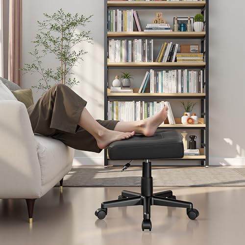 VECELO Under Desk Footrest with Wheels - PU Ergonomic Foot Rest, Height Adjustable, Black