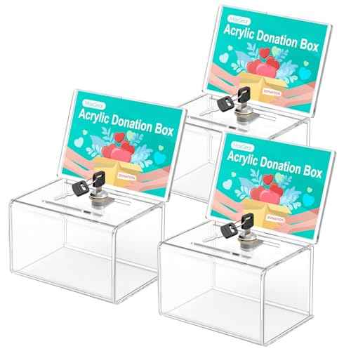 MaxGear Acrylic Donation Box with Lock 3 Pack, Large Ballot Box with Sign Holder, Clear Storage Container for Voting, Charity, Ballot, Suggestion 6.25" x 4.5" x 4"
