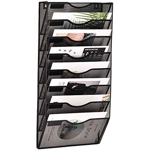 EASEPRES 8 Pocket Mesh Hanging Wall File Organizer, Wall Mounted Mail Paper Document Folder Holder, Clipboard Storage Organization Magazine Rack with Nametag Label for Office Home School, Black