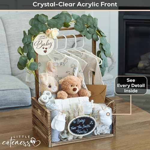 Wooden Baby Shower Crate Closet with Clear Acrylic Front - Customizable Wooden Crate Box with Dual Rod System, Easy Assembly Baby Baskets and Gift Display for Baby Shower (Burnt Wood)