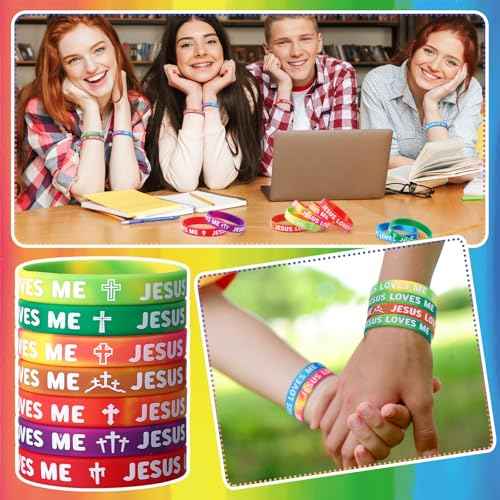 150 Pcs Jesus Loves Me Wristbands Bulk 10 Styles Rainbow Religious Silicone Bracelets Christian Cross Silicone Wristbands Gift for Bible School Church Group