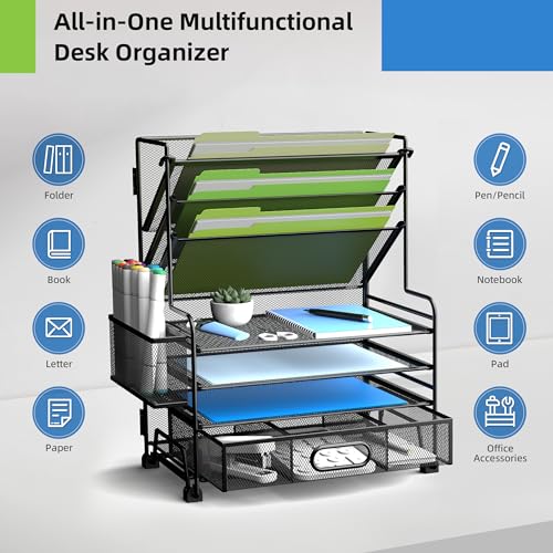 MINDEPOT Black 4-Tier Paper Organizer with 3-Pocket File Holder & Drawer for Office & Classroom