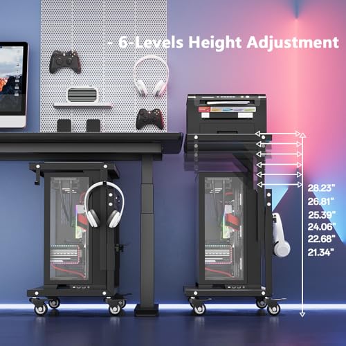 ZUAVIALA Adjustable 6-Level Mobile Computer Tower Stand with Power Outlet - Black, 21.34-28.3 inch