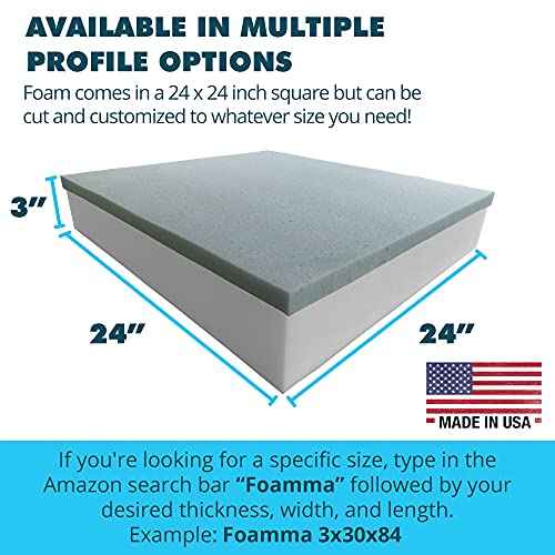 Foamma 3" x 24" x 24" Gel Memory Foam (Chair Cushion Foam for Dining Chairs, Wheelchair Seat Cushion)