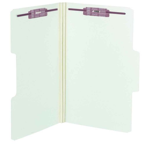 Smead SuperTab Pressboard Fastener Folder with SafeSHIELD Fasteners, 2 Fasteners, Oversized 1/3-Cut Tab, 2" Expansion, Guide Height, Legal Size, Gray/Green, 25 per Box (19981)