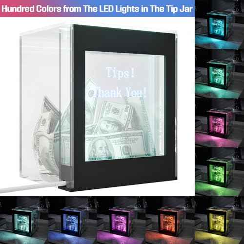 Lighted Up Tip Jar for Money with Lock and LED Light Acrylic Donation Box with Sign Holder ''Tips! Thank You!'' USB Powered Suggestion Box for Bartender Band Coffee Shop Restaurant