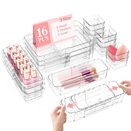 DILIBRA 16-Piece Clear Expandable Drawer Organizer Set - Large, Medium & Small