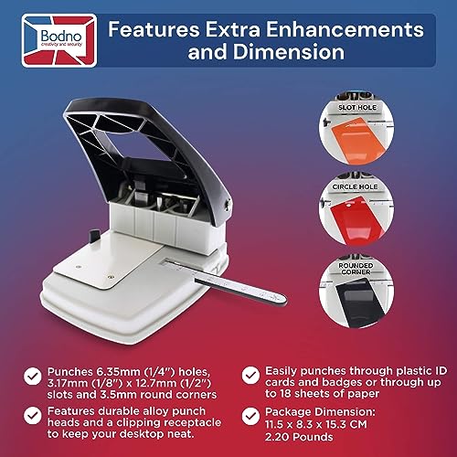 Bodno 3-in-1 ID Badge Slot Punch - Steel, Black, For PVC Cards & Badge Printers (3 Tools in One) - Includes Round Hole, Slot, Corner Rounder
