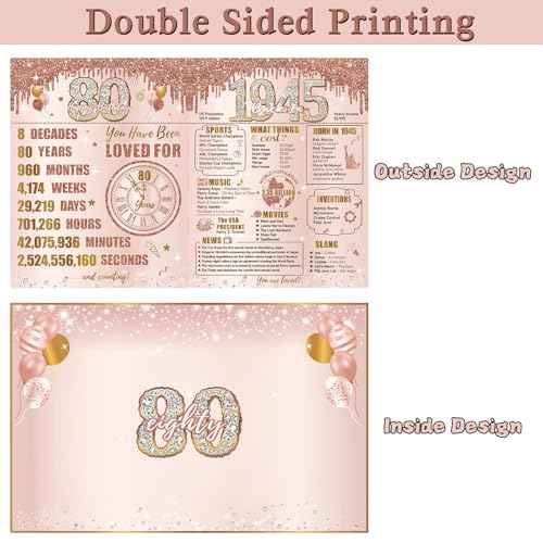 Large 80th Birthday Card With Envelope for Women, Pink Rose Gold The Year 1945 Happy 80th Birthday Giant Guest Signature Book Gift, Extra Big Eighty Greeting Card Decoration Party Supply