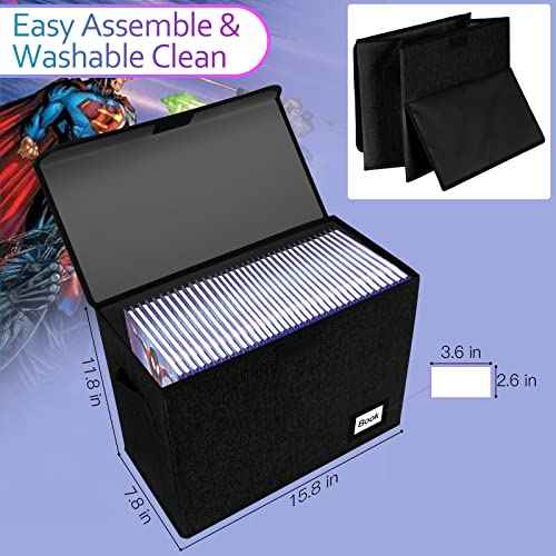 Comic Book Storage Box 15.8" X 7.8" X 11.8", Collapsible Holds 160-180 Comic Book Organizer Heavy Duty Bin Container Holder Shelf (Black)