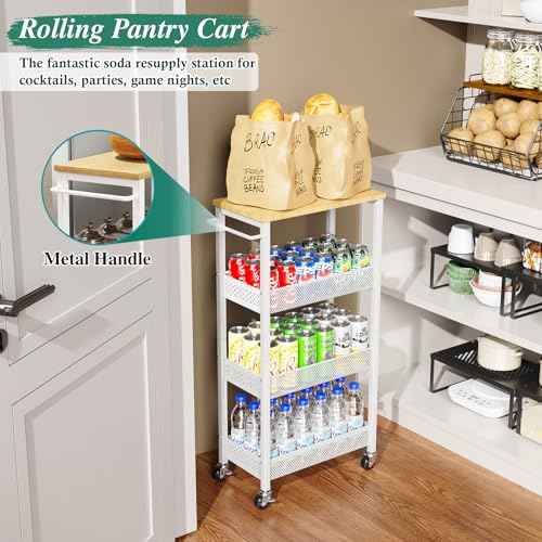 Utility Slim Storage Cart, 4-Tier Narrow Bathroom Organizers and Storage Cart, Narrow Metal Kitchen Laundry Room Organization Shelf with Wood Top, Slim Rolling Carts with Wheels for Small Space