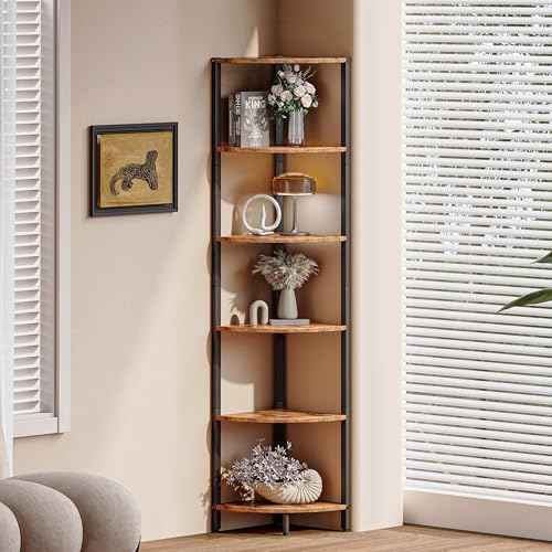 6 Tier Corner Shelf 63.1" Tall Corner Shelves stand Ladder shelf metal Standing Bookshelf Organizer Display Rack Bookcase Plant Stand Industrial style for Living Room Bedroom rustic Brown CS-001RB