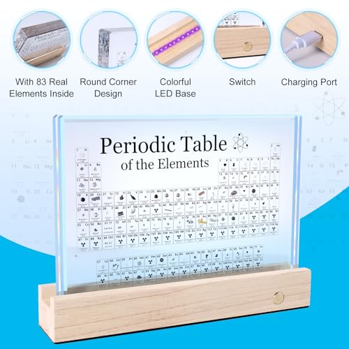 Rafecs Periodic Table with Real Elements Inside, Large Acrylic Periodic Table with Cordless LED Wooden Stand and Magnifier, Chemistry Gifts for Students, Kids, Teacher and Science Lovers
