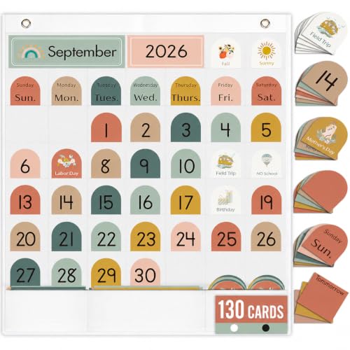 SCHOLOX White Classroom Monthly Calendar Pocket Chart with 130 Cards for Kids Learning