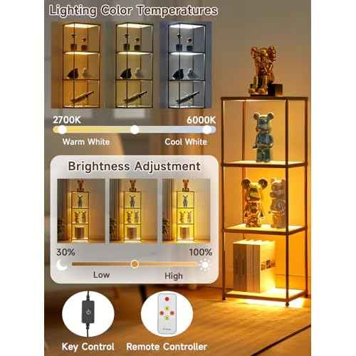 MANBUR Display Shelf with Dimmable LED Floor Lamp, Display Cabinet with Glass Bookcase, Home Decor, Bedroom Decor, Bookshelf with Light, Open Book Shelf with 4-Tier Shelf for Living Room Decor Gold