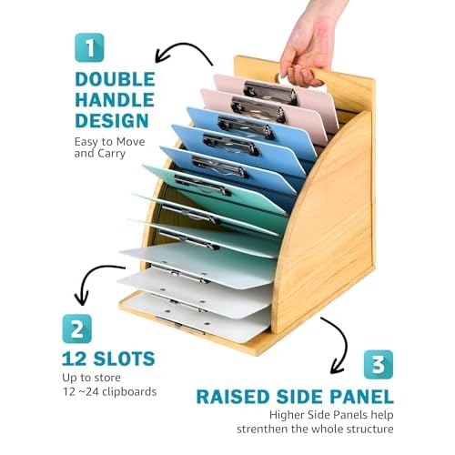 HULISEN 2 Pack Clipboard Holder for Classroom & Office, Wooden Clipboard Storage Organizer with Raised Side Panel & Metal Slots, Wood Clip Board Stand Rack ? Clip Board Not Included