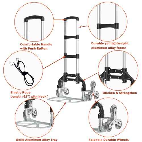 200LB Stair Climbing Cart, Folding Hand Truck Dolly, Grocery Shopping Cart with Mute Wheels, Aluminum Hand Truck for Luggage, Travel, Shopping