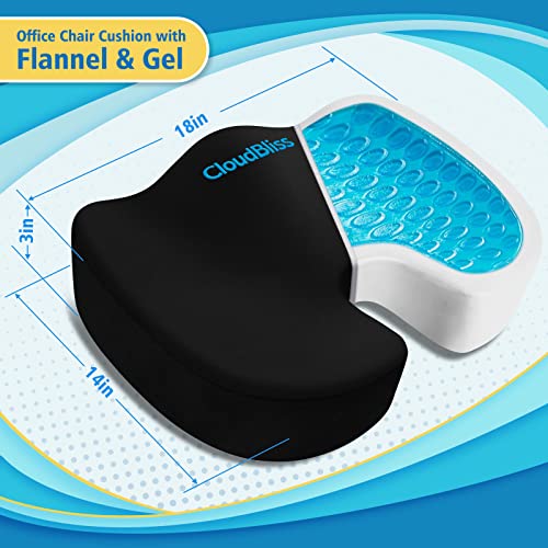 CloudBliss Large Black Gel Memory Foam Seat Cushion for Long Sitting
