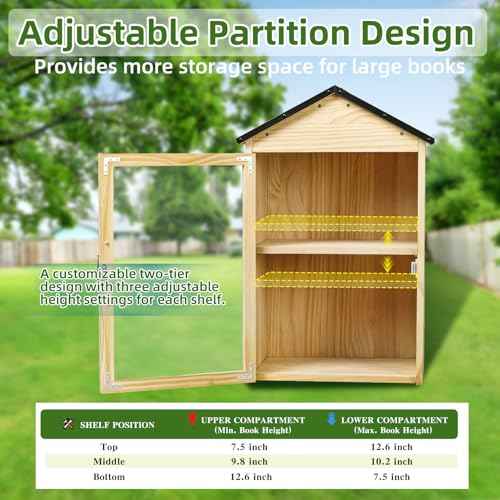 Little Library Box Outdoor, 2-Tier Little Library for Neighborhoods Community School, Weatherproof Solid Wood with Adjustable Shelf & Rust-Proof Hinges, Sharing books, Literature and Newspapers