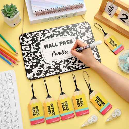 7 Pcs Hall Passes for Classroom Include 1 Hall Passes Chalkboard with 6 Pack of Pencil Shape Hall Passes Bathroom Passes for Classrooms Elementary School Teacher Gift